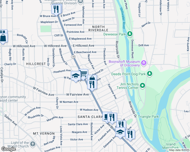 map of restaurants, bars, coffee shops, grocery stores, and more near 64 East Parkwood Drive in Dayton