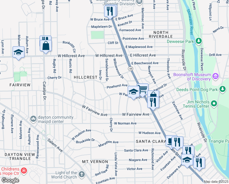 map of restaurants, bars, coffee shops, grocery stores, and more near 52 Pinehurst Avenue in Dayton