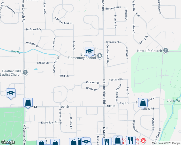 map of restaurants, bars, coffee shops, grocery stores, and more near 1100 North Cumberland Road in Indianapolis