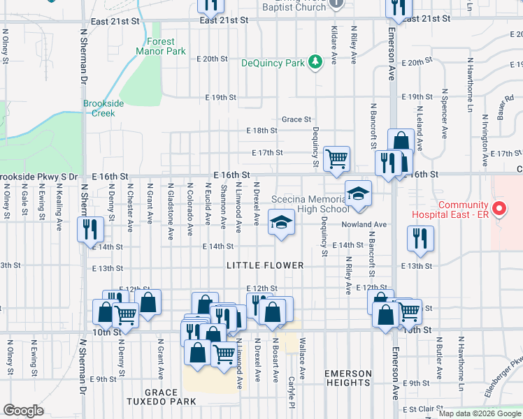 map of restaurants, bars, coffee shops, grocery stores, and more near 1502 North Bosart Avenue in Indianapolis