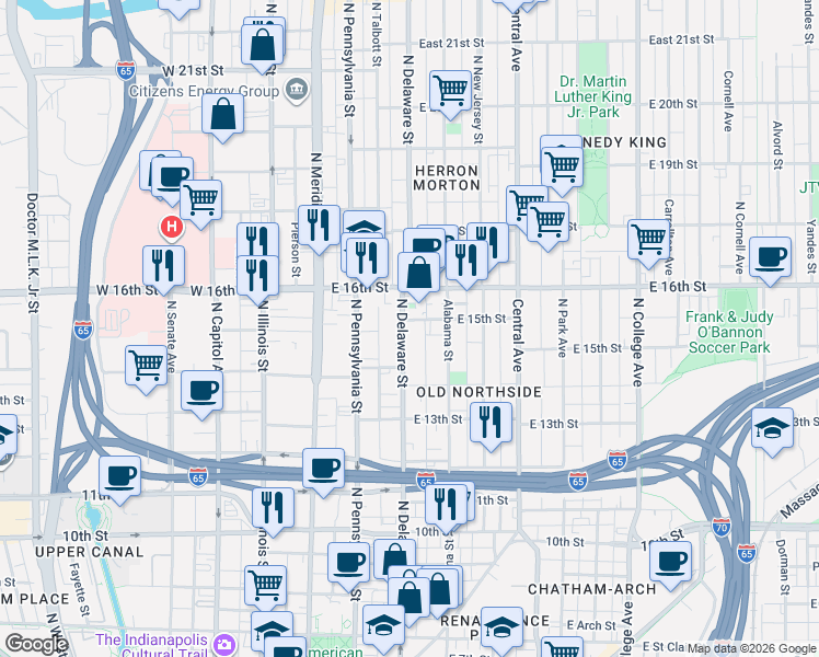 map of restaurants, bars, coffee shops, grocery stores, and more near 1458 North Delaware Street in Indianapolis