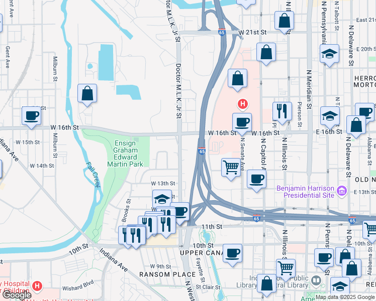 map of restaurants, bars, coffee shops, grocery stores, and more near 1499 Northwestern St in Indianapolis