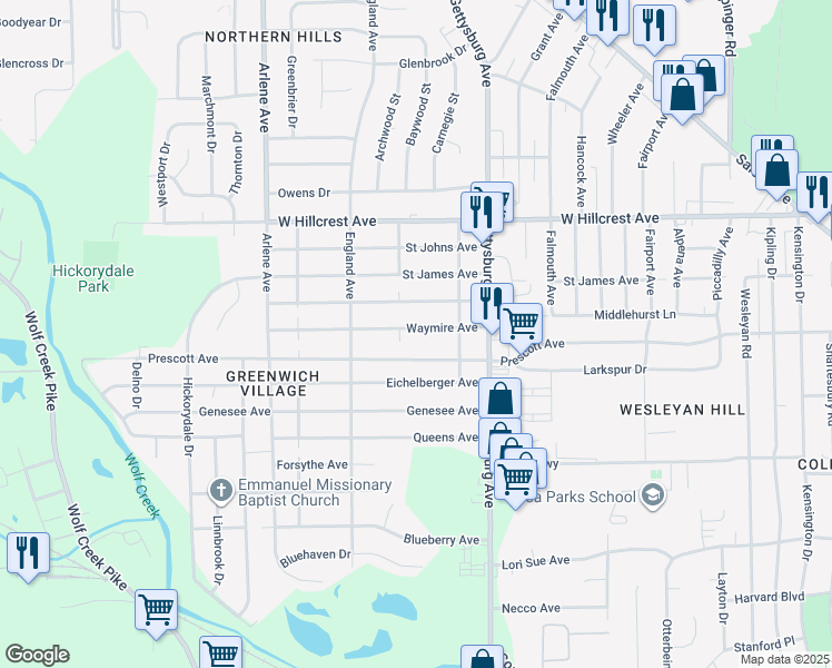 map of restaurants, bars, coffee shops, grocery stores, and more near 4446 Waymire Avenue in Dayton