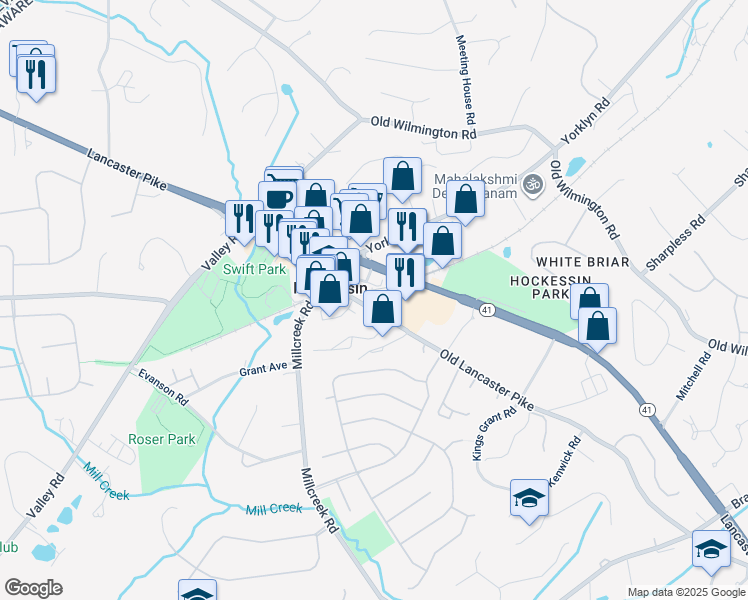 map of restaurants, bars, coffee shops, grocery stores, and more near 1207 Old Lancaster Pike in Hockessin