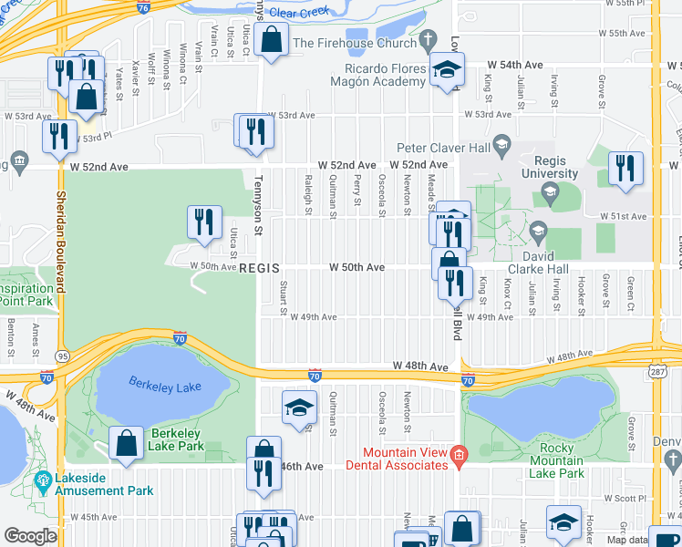 map of restaurants, bars, coffee shops, grocery stores, and more near 4030 West 50th Avenue in Denver