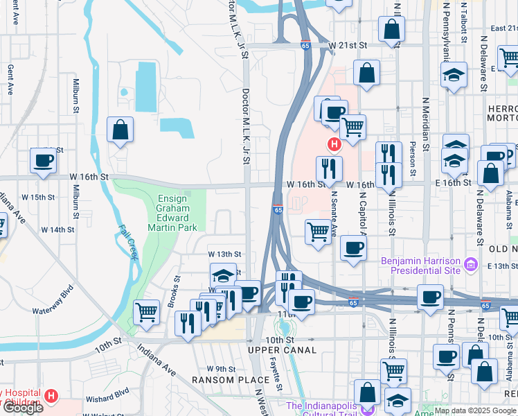 map of restaurants, bars, coffee shops, grocery stores, and more near 1499 Northwestern Street in Indianapolis