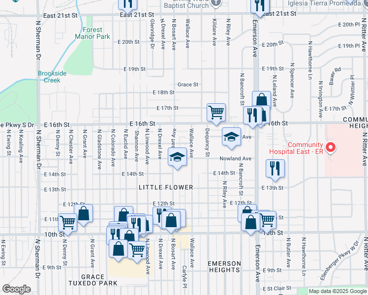 map of restaurants, bars, coffee shops, grocery stores, and more near 4723 East 15th Street in Indianapolis