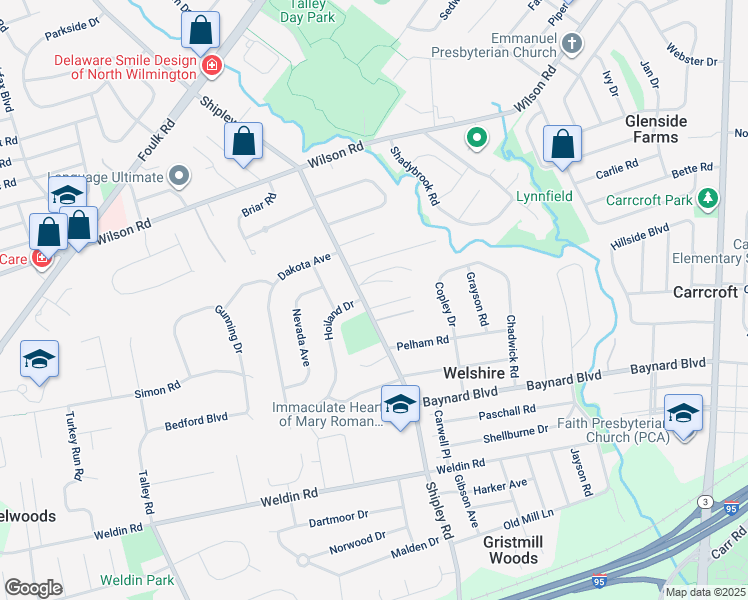 map of restaurants, bars, coffee shops, grocery stores, and more near 1311 Shipley Road in Wilmington