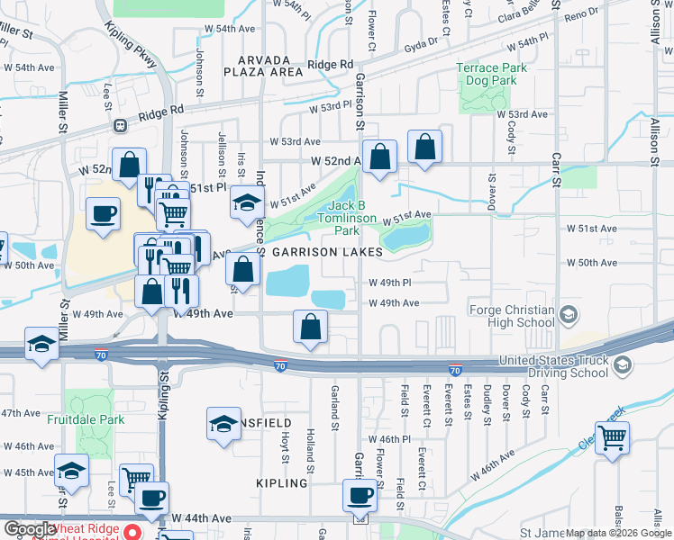 map of restaurants, bars, coffee shops, grocery stores, and more near 4981 Garrison Street in Wheat Ridge