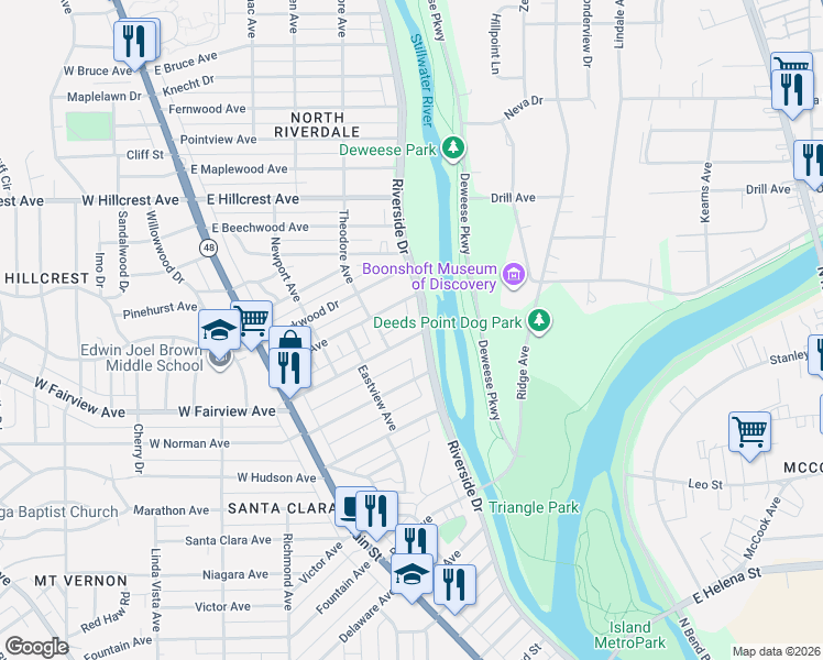map of restaurants, bars, coffee shops, grocery stores, and more near 2309 Riverside Drive in Dayton