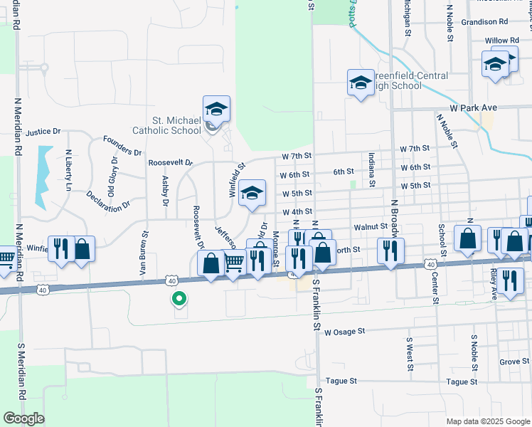 map of restaurants, bars, coffee shops, grocery stores, and more near 140 Polk Street in Greenfield