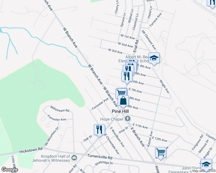 map of restaurants, bars, coffee shops, grocery stores, and more near 40 West 7th Avenue in Pine Hill