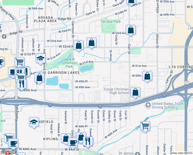map of restaurants, bars, coffee shops, grocery stores, and more near 4989 Estes Court in Arvada