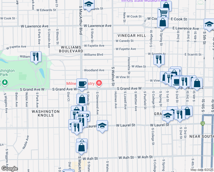 map of restaurants, bars, coffee shops, grocery stores, and more near 721 South Grand Avenue West in Springfield