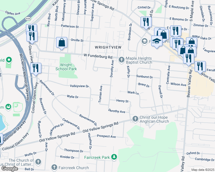 map of restaurants, bars, coffee shops, grocery stores, and more near 215 North Drive in Fairborn