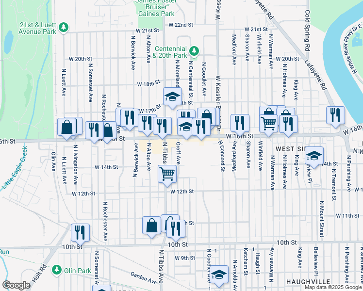 map of restaurants, bars, coffee shops, grocery stores, and more near 3317 West 16th Street in Indianapolis