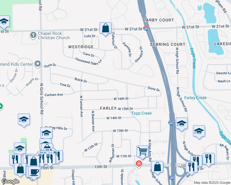 map of restaurants, bars, coffee shops, grocery stores, and more near 1624 Thorndale Street in Indianapolis