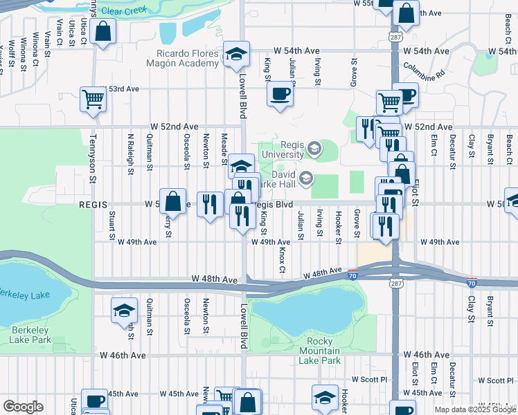 map of restaurants, bars, coffee shops, grocery stores, and more near 4993 King Street in Denver