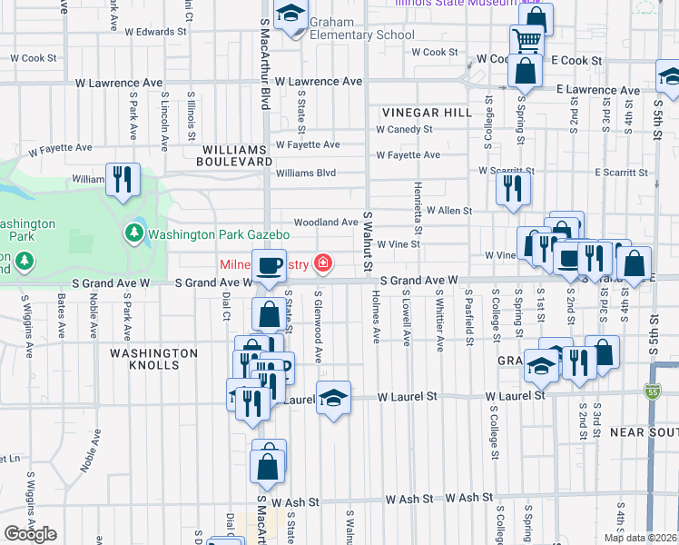 map of restaurants, bars, coffee shops, grocery stores, and more near 731 South Grand Avenue West in Springfield