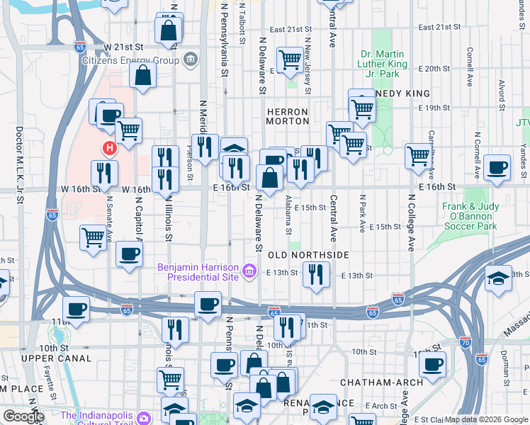 map of restaurants, bars, coffee shops, grocery stores, and more near 1458 North Delaware Street in Indianapolis