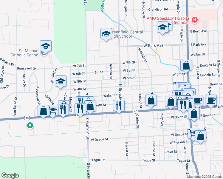 map of restaurants, bars, coffee shops, grocery stores, and more near 829 West 4th Street in Greenfield