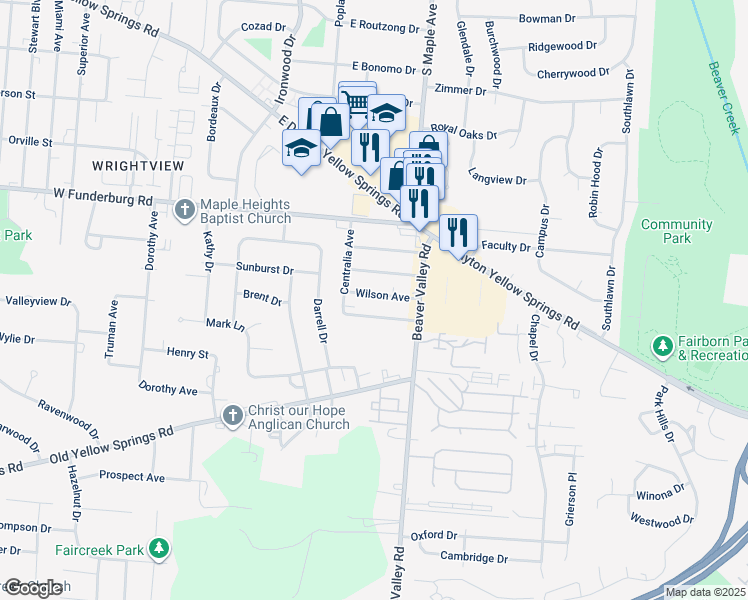 map of restaurants, bars, coffee shops, grocery stores, and more near 38 Wilson Avenue in Fairborn