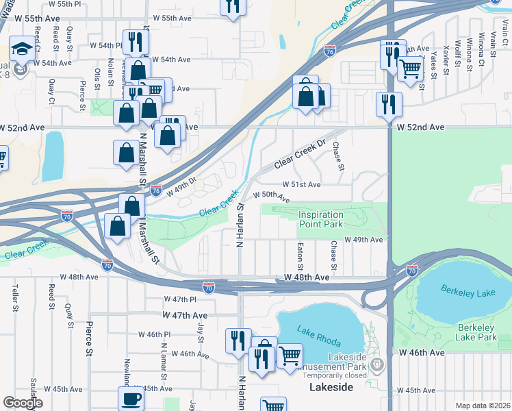 map of restaurants, bars, coffee shops, grocery stores, and more near 4999 Gray Street in Denver