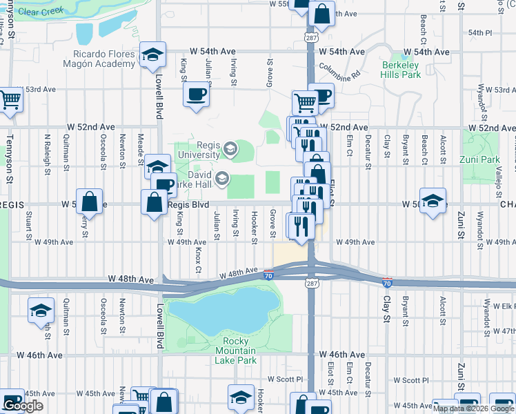 map of restaurants, bars, coffee shops, grocery stores, and more near 4990 Hooker Street in Denver