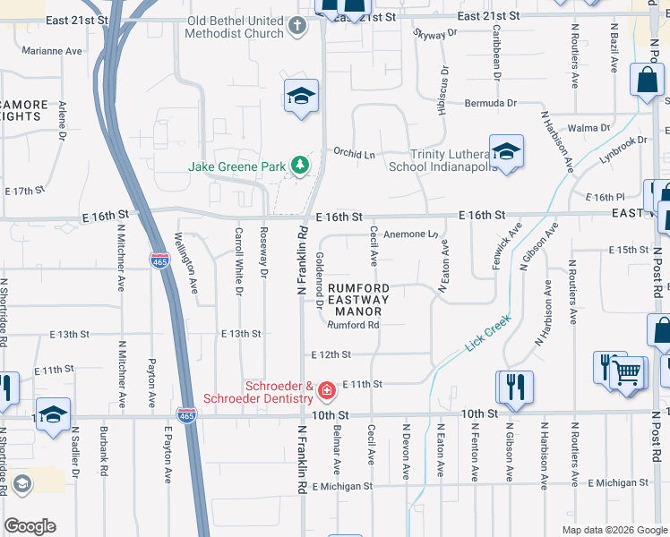map of restaurants, bars, coffee shops, grocery stores, and more near 1421 Goldenrod Drive in Indianapolis