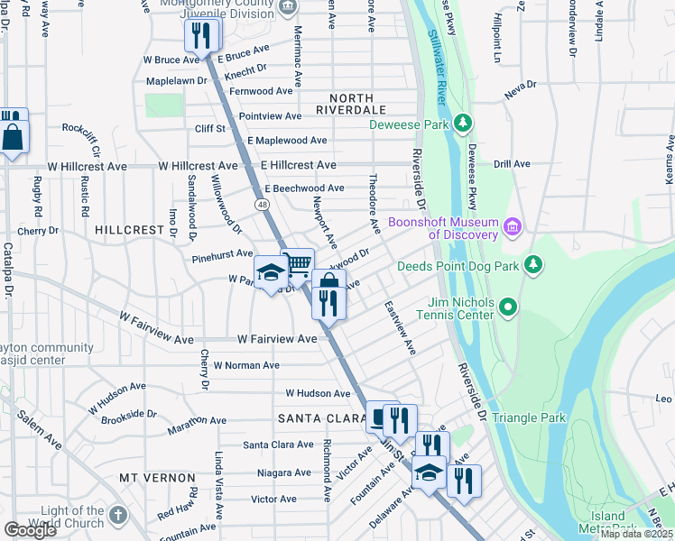 map of restaurants, bars, coffee shops, grocery stores, and more near 56 East Parkwood Drive in Dayton