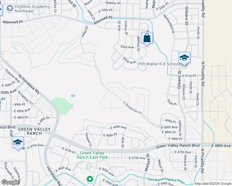 map of restaurants, bars, coffee shops, grocery stores, and more near 20552 East 50th Place in Denver