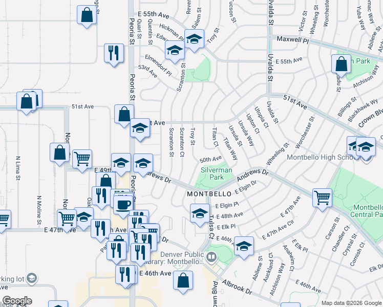 map of restaurants, bars, coffee shops, grocery stores, and more near 5014 Scranton Court in Denver