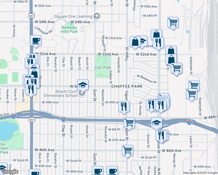 map of restaurants, bars, coffee shops, grocery stores, and more near 2141 West 50th Avenue in Denver