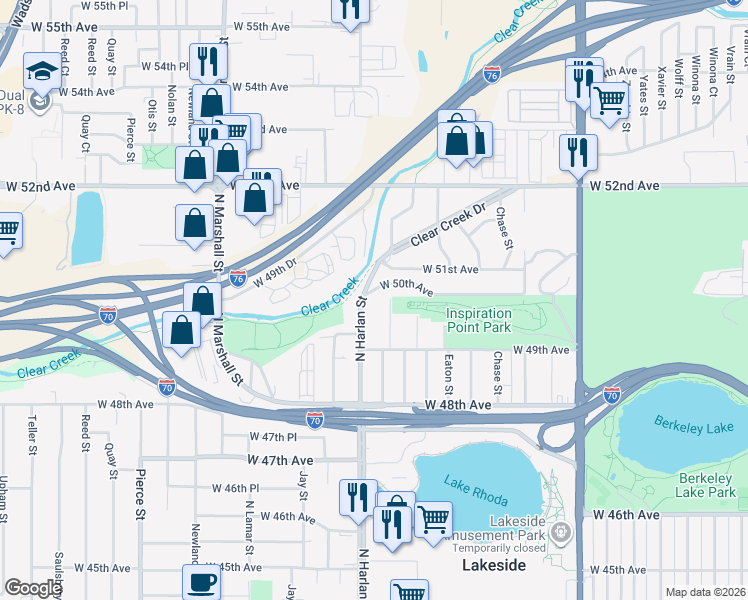 map of restaurants, bars, coffee shops, grocery stores, and more near 4999 Gray Street in Denver