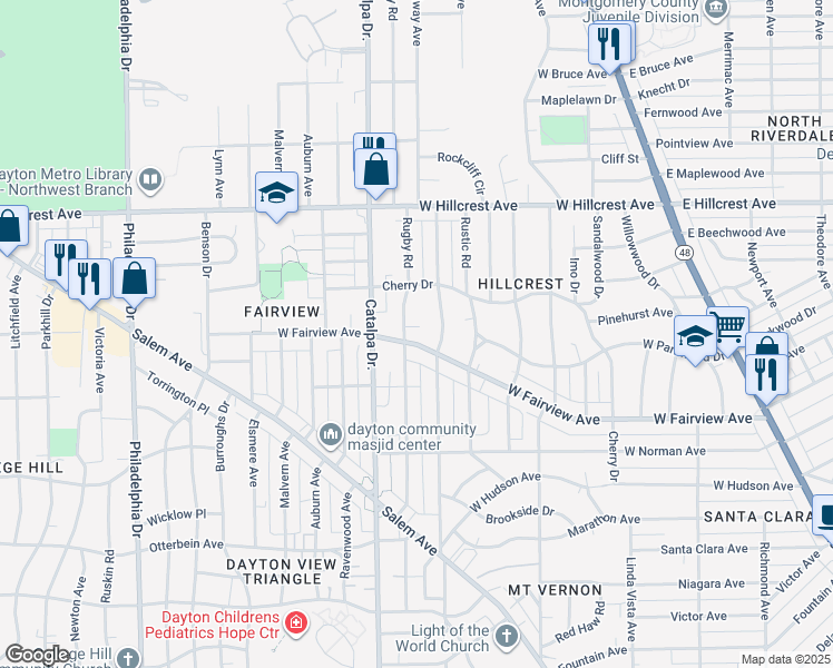 map of restaurants, bars, coffee shops, grocery stores, and more near 2221 Emerson Avenue in Dayton