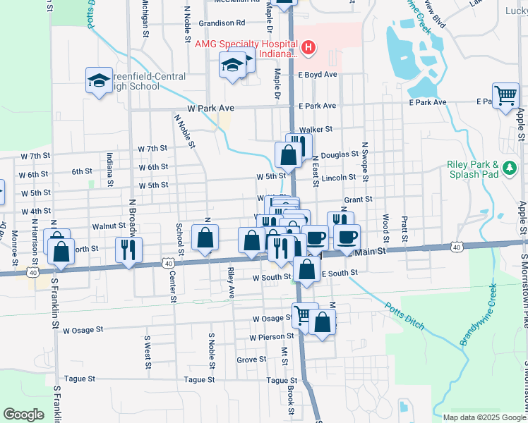 map of restaurants, bars, coffee shops, grocery stores, and more near 209 North Pennsylvania Street in Greenfield