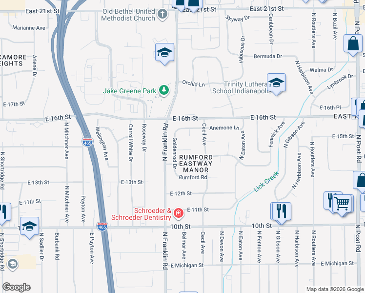 map of restaurants, bars, coffee shops, grocery stores, and more near 1421 Goldenrod Drive in Indianapolis