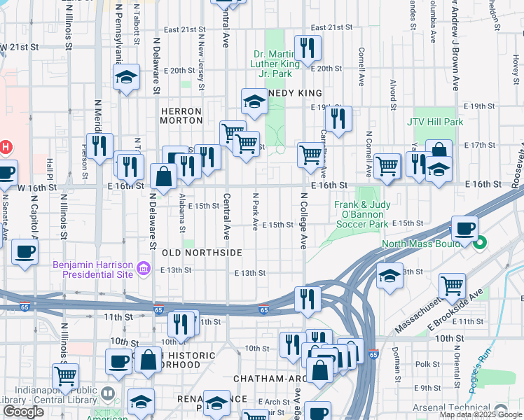 map of restaurants, bars, coffee shops, grocery stores, and more near 1528 North Park Avenue in Indianapolis