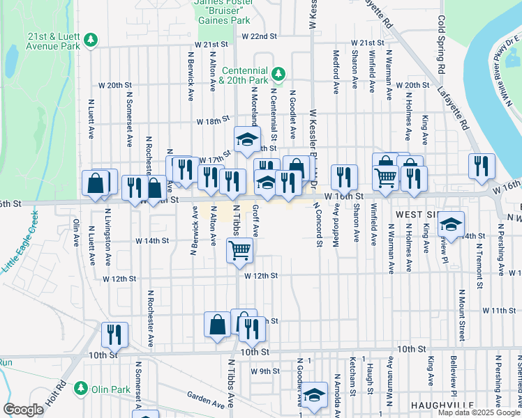 map of restaurants, bars, coffee shops, grocery stores, and more near 3317 West 16th Street in Indianapolis
