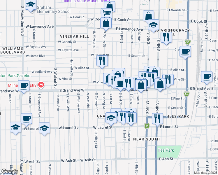 map of restaurants, bars, coffee shops, grocery stores, and more near 1205 South 1st Street in Springfield