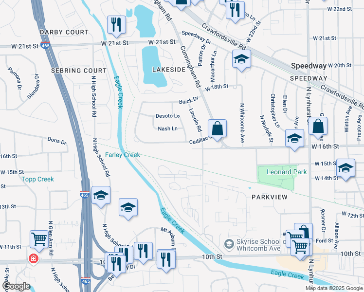 map of restaurants, bars, coffee shops, grocery stores, and more near 5861 Cadillac Drive in Speedway
