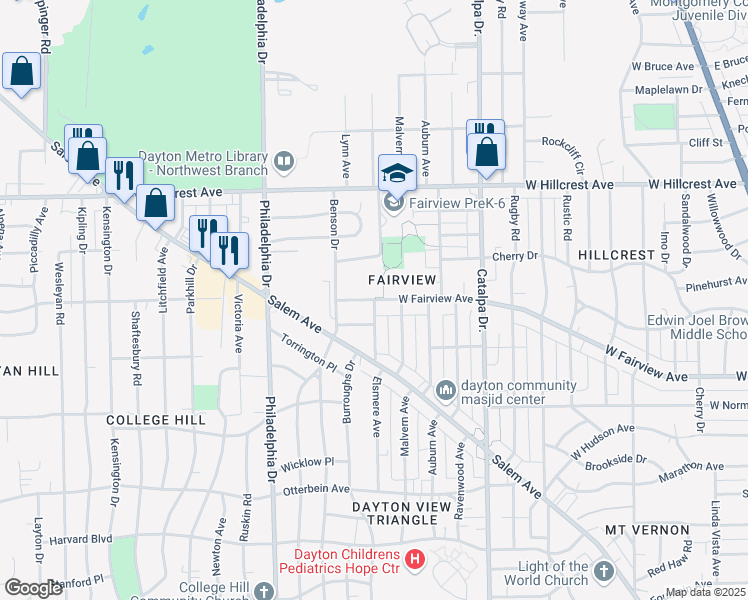 map of restaurants, bars, coffee shops, grocery stores, and more near Elsmere Avenue in Dayton
