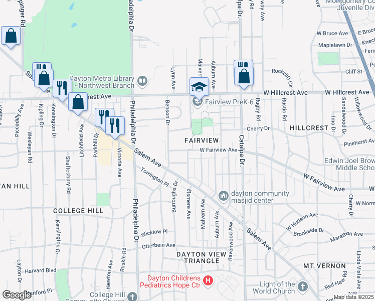 map of restaurants, bars, coffee shops, grocery stores, and more near 1262 West Fairview Avenue in Dayton