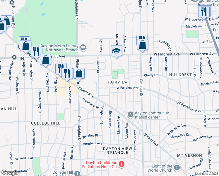 map of restaurants, bars, coffee shops, grocery stores, and more near Elsmere Avenue in Dayton