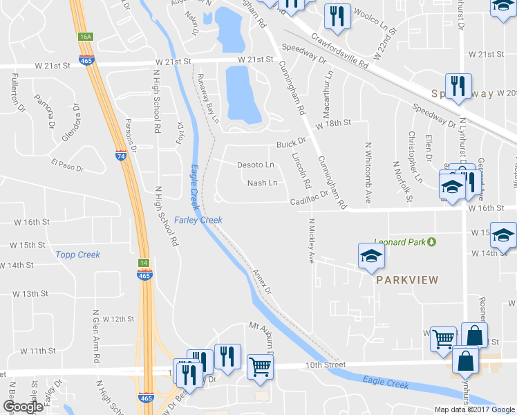 map of restaurants, bars, coffee shops, grocery stores, and more near 5921 Cadillac Drive in Speedway