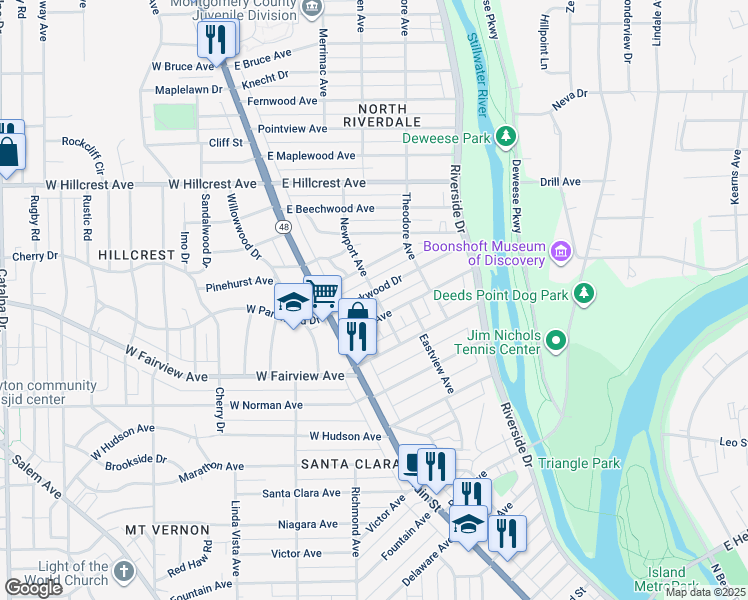 map of restaurants, bars, coffee shops, grocery stores, and more near 64 East Parkwood Drive in Dayton