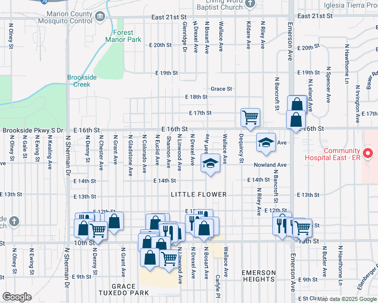 map of restaurants, bars, coffee shops, grocery stores, and more near 1475 North Linwood Avenue in Indianapolis