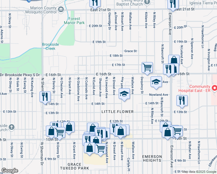 map of restaurants, bars, coffee shops, grocery stores, and more near 1475 North Linwood Avenue in Indianapolis