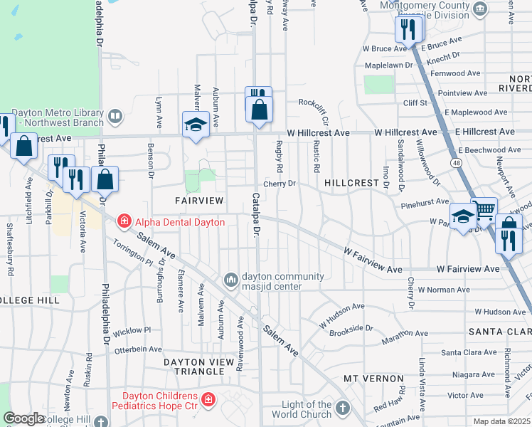 map of restaurants, bars, coffee shops, grocery stores, and more near 819 West Fairview Avenue in Dayton