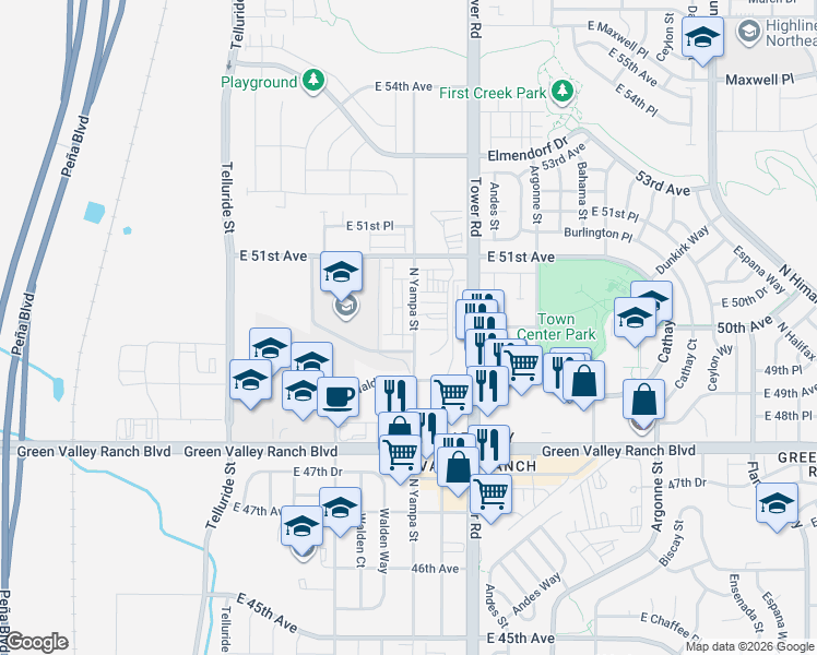 map of restaurants, bars, coffee shops, grocery stores, and more near 4999 North Yampa Street in Denver